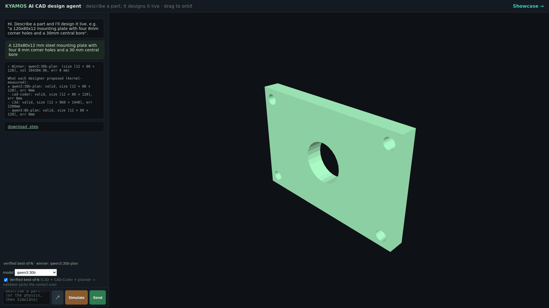 The AI CAD design agent after a request: four designers proposed a mounting plate, the kernel measured each, and the correct one was built in 3D.