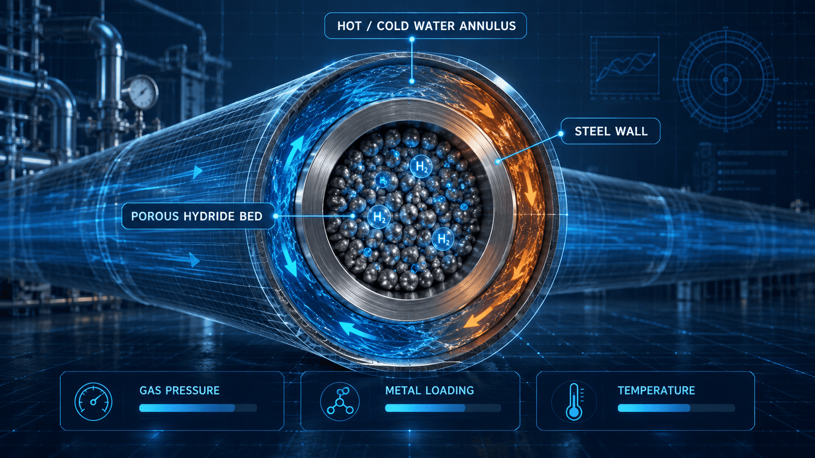 Rendered cutaway of a concentric metal-hydride pipe with the hot and cold water annulus, steel wall and porous hydride bed labelled.