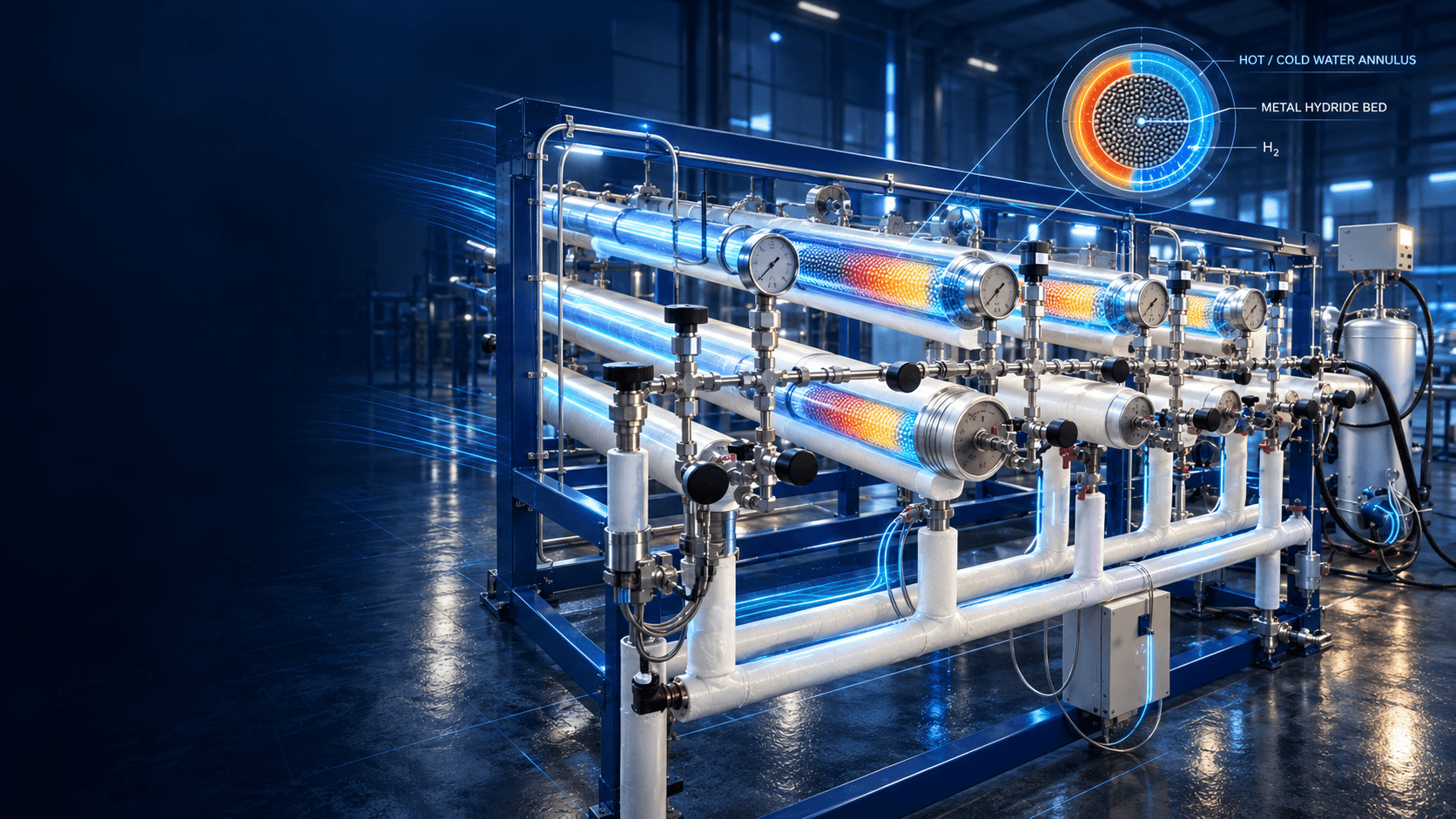 Rendered four-pipe metal-hydride compressor system with gauges, valves and a labelled pipe cutaway inset.