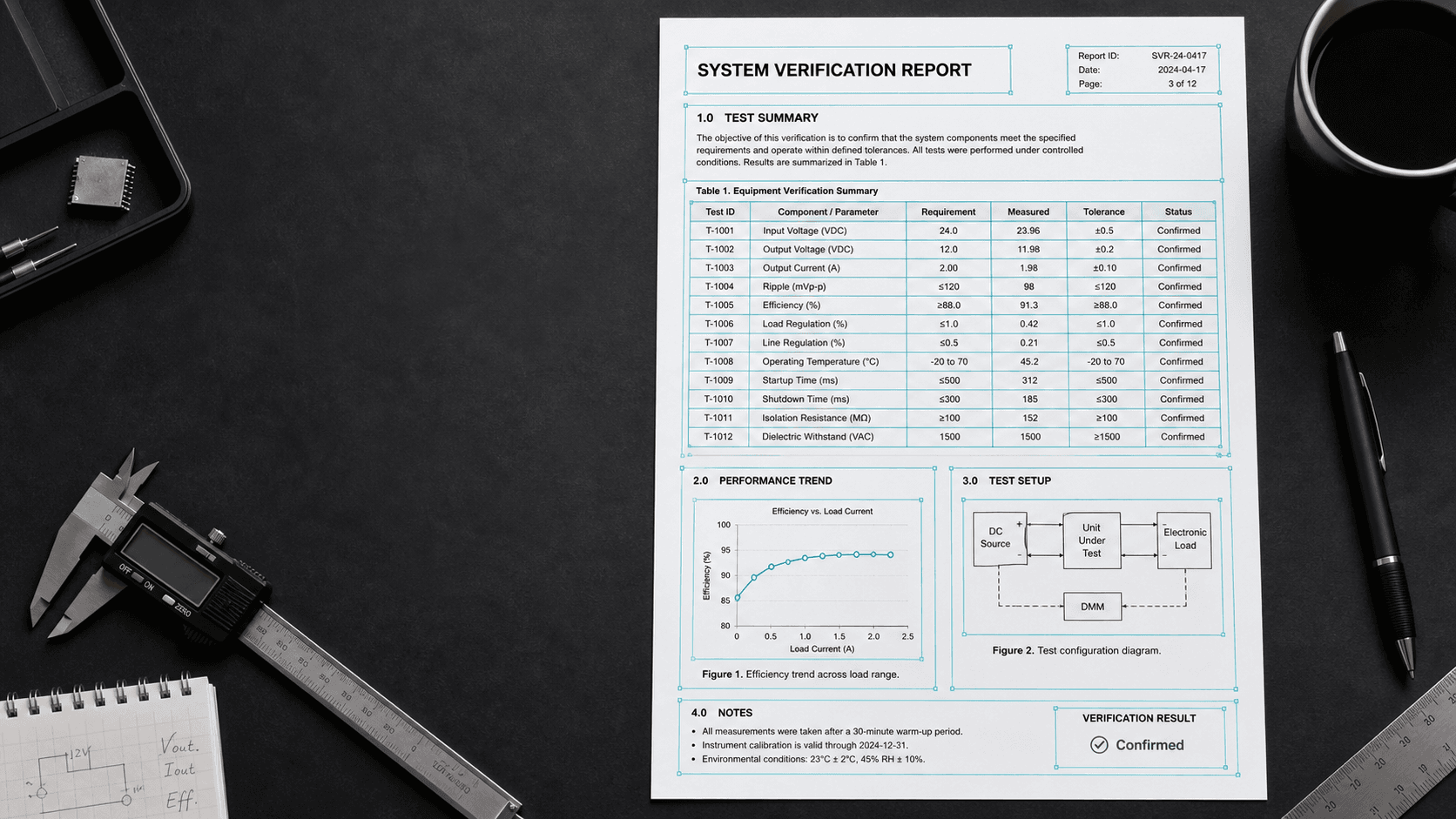Fictional technical report with page and table verification overlays