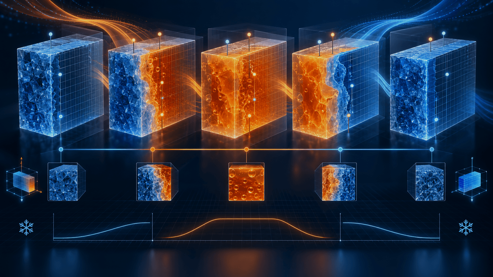 Presentation concept illustration of successive solid, melting, liquid and freezing stages.