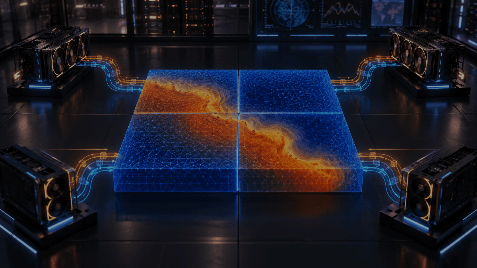 Presentation concept illustration of graphics processors sharing a thermal calculation.