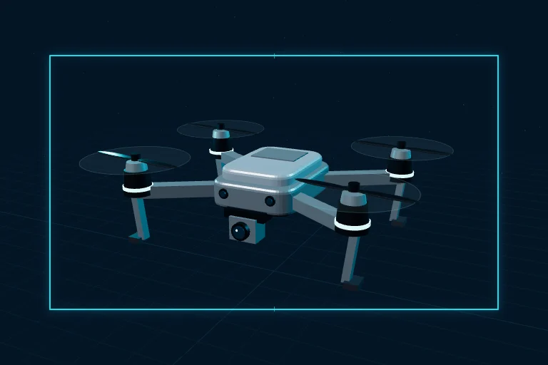 Concept animation of a slowly turning quadcopter inside a cyan tracking box against a dark blue background. This is an illustration, not research footage.