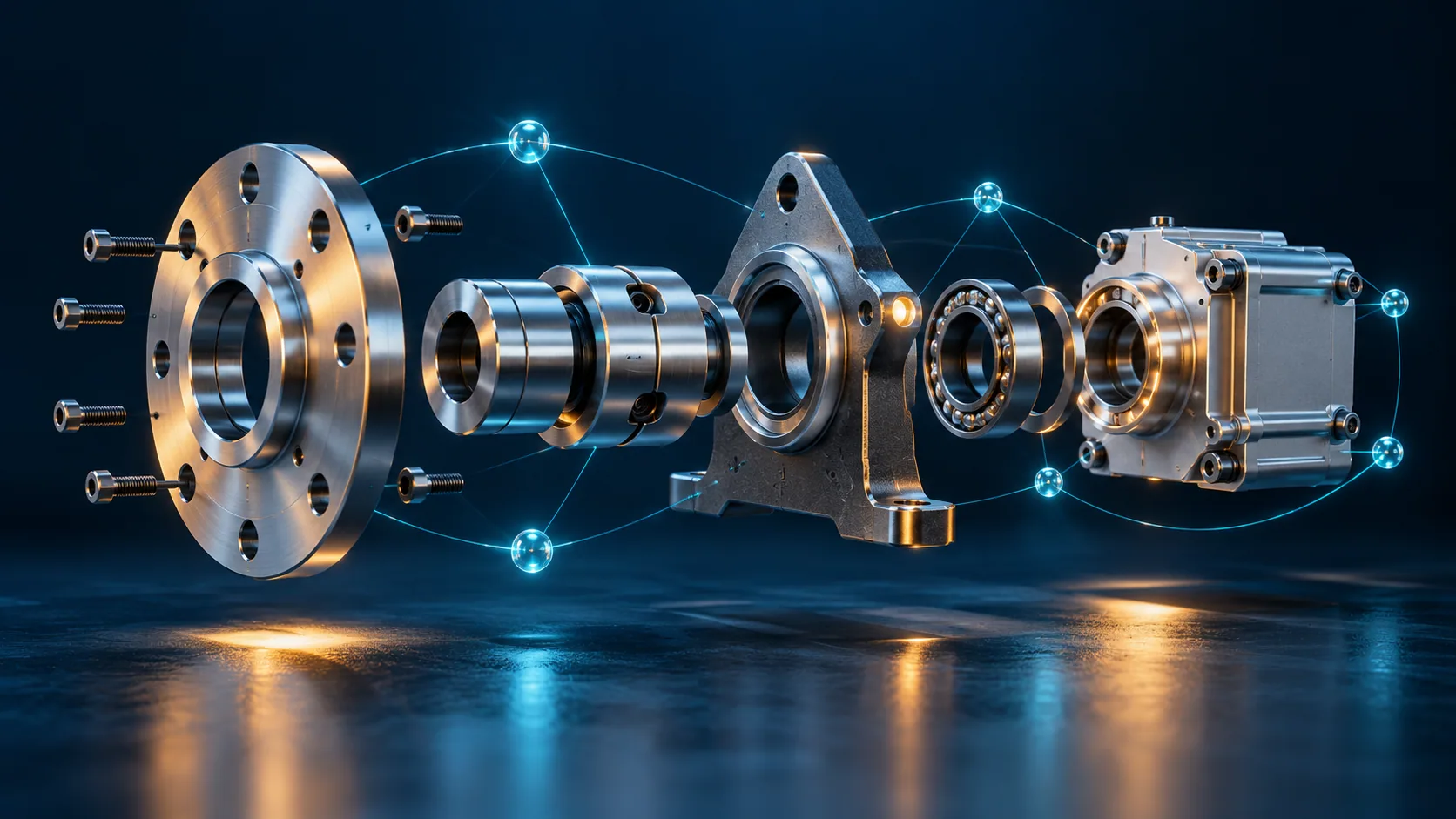 Concept illustration of an exploded mechanical assembly connected to AI design tools.
