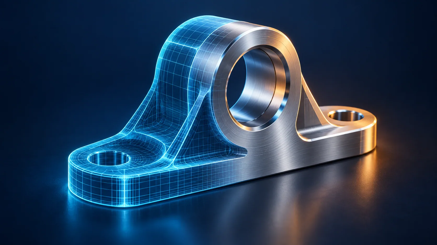 Concept illustration of a mechanical bracket taking shape from a wireframe design.