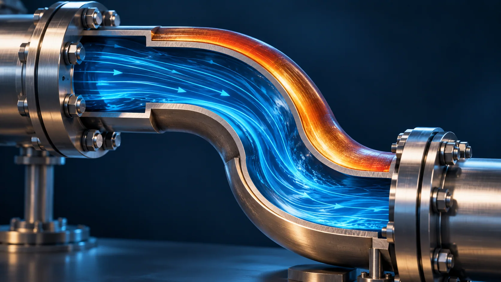 Concept illustration of fluid flow and heat interacting inside a metal pipe assembly.