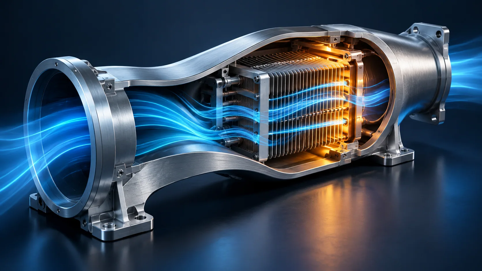 Concept illustration of cooling air flowing through an engineered duct and finned component.